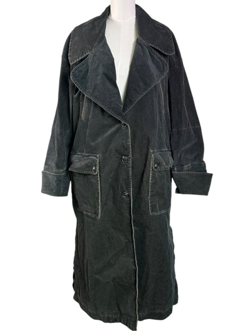 Free People Retro 70s Fox Cord Corduroy Duster Trench Coat Dark Charcoal Medium - Picture 10 of 16